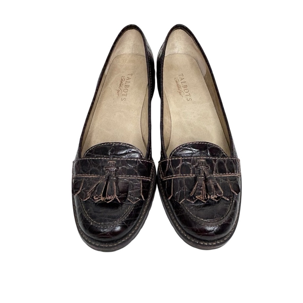 Talbots Women's Dark Brown Croc Embossed Leather Tassel Loafers Sz 7.5